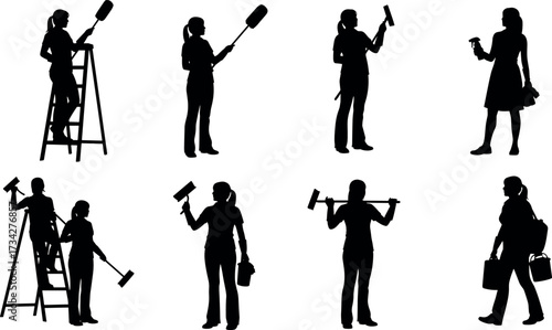 Cleaning service workers in action with tools, ladder, spray, mop, bucket, silhouette set for hygiene, janitorial, maintenance concepts