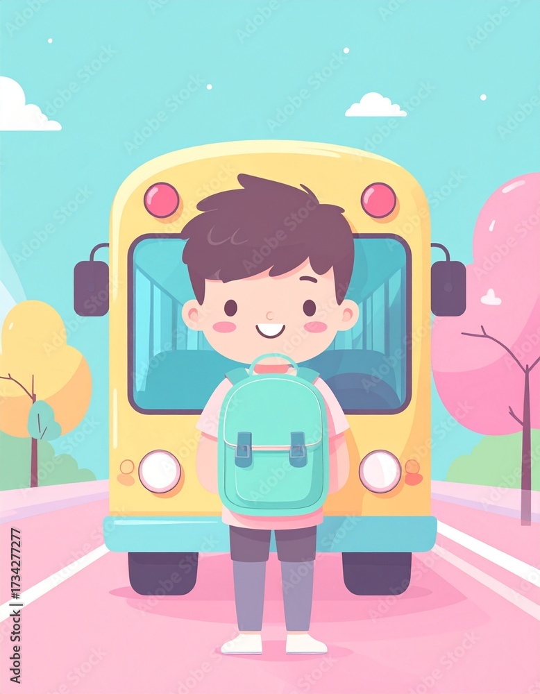 Fototapeta premium Cheerful Pastel Kawaii Illustration of Bus Ride with Cute Character