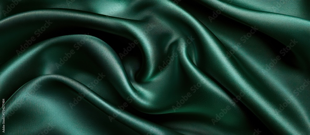 Fototapeta premium Emerald satin fabric folds, draped texture, studio shot, background textile design