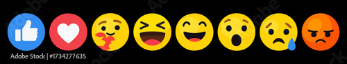 Emoji reaction faces set. Vector emoticon icons with like love laugh wow sad and angry expressions.