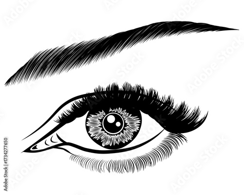 Illustration with woman's eye, eyelashes and eyebrow. Makeup Look. Tattoo design. Logo for brow bar or lash salon.