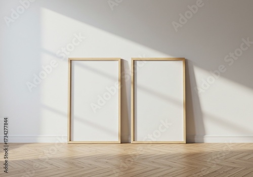 Minimalist Interior Mockup: Two Blank Frames, Natural Light, Wooden Floor.