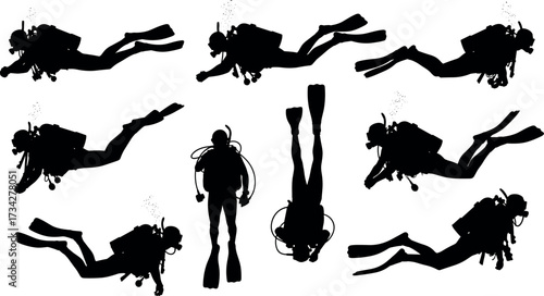 Silhouettes of scuba divers underwater in various swimming and diving positions with gear, fins, bubbles, masks, tanks, and wetsuits