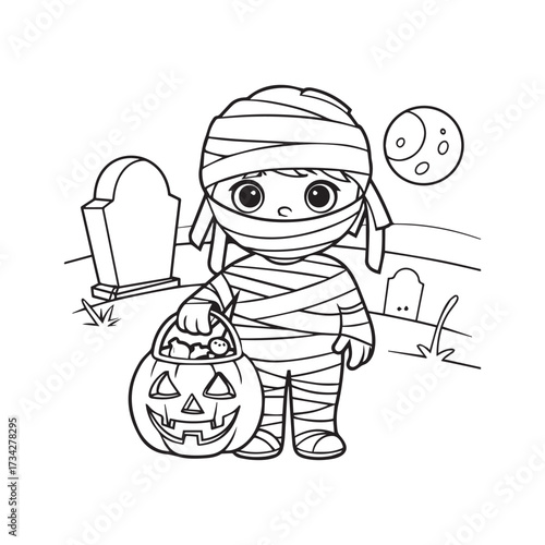 A Child Mummy Costume with Pumpkin Bucket under Moonlit Graveyard Scene Silhouette Design.