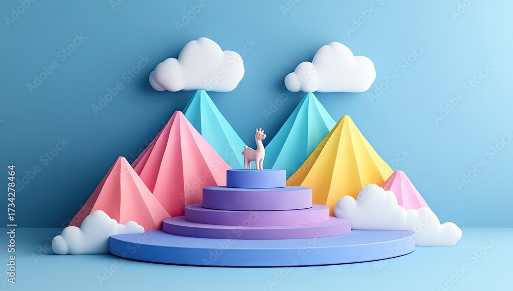 Fototapeta premium Colorful mountainscape with llama, platform, and clouds