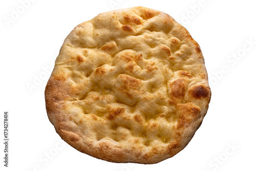 Typical Italian flatbread called focaccia or schiacciata isolated on white with clipping path included, top view