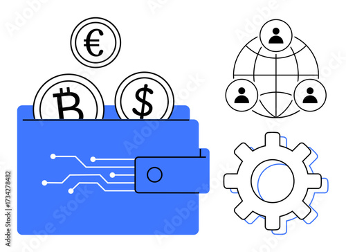 Blue wallet emitting circuits with Bitcoin, Dollar, Euro coins network of people symbolizing connections gear for technology. Ideal for fintech, blockchain, cryptocurrency, global trade, technology