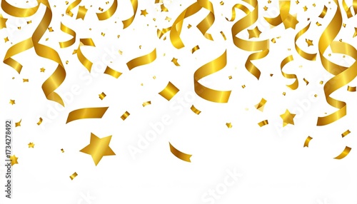 Golden confetti and streamers falling on a white background for celebratory use