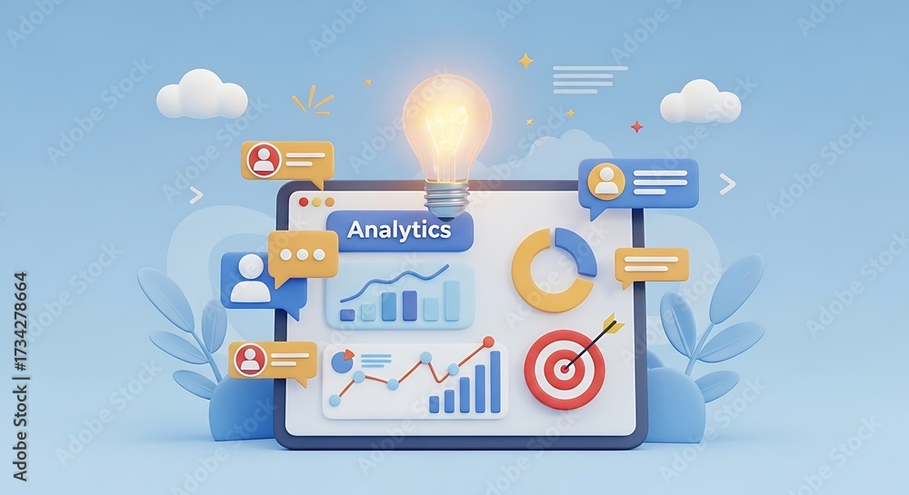 Obraz premium Analytics dashboard with lightbulb for idea generation on blue background