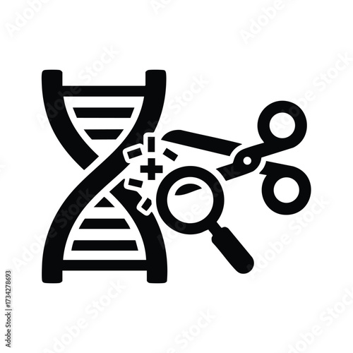 Genetic Modification and DNA Editing Concept Featuring DNA Strand, Scissors, and Magnifying Glass