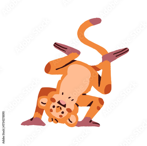 Funny baby monkey is handstanding at dance. Happy anthropomorphic animal celebrates success and stands upside down. Cute character has fun with music. Flat isolated vector illustration on white.