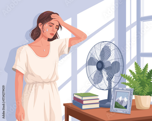 Woman feeling hot and uncomfortable indoors with a fan blowing