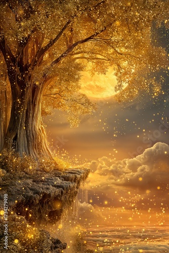 Golden tree on cliff edge, glowing particles, full moon backdrop, dreamy atmosphere