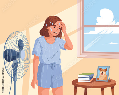 Woman Sweating profusely from heat, feeling unwell next to a fan and framed photo