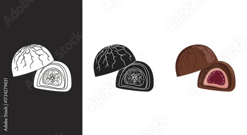 Chocolate Bonbon Vector Icon Set in Color Outline and Glyph Styles