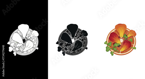 Culinary Vector Illustration Set of a Garnished Citrus Slice with Edible Flower