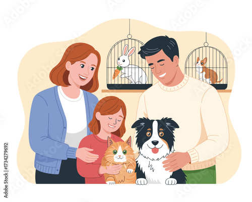 Happy family with pets in a pet store, adoption concept
