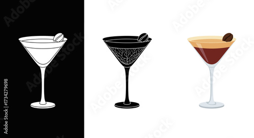 Espresso Martini Cocktail Vector Illustration Set with Color Silhouette and Line Art Styles