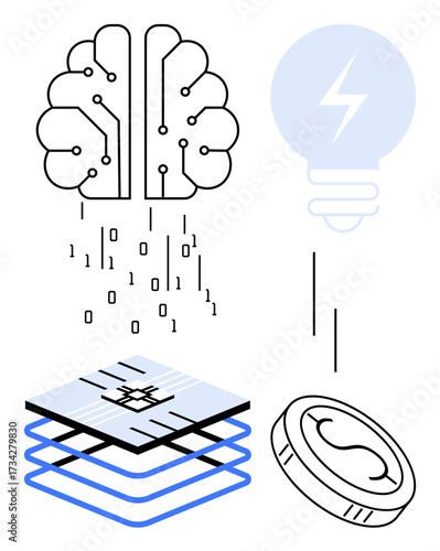 Brain with circuits and binary code, energy bulb, tech layers, and currency coin. Ideal for AI, innovation, big data, fintech automation neural network creative strategy. Simple flat metaphor