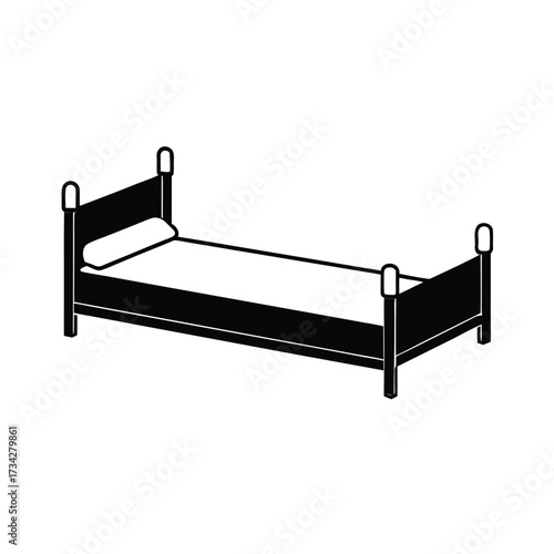 Minimalist black silhouette of a bed on a clean white background
