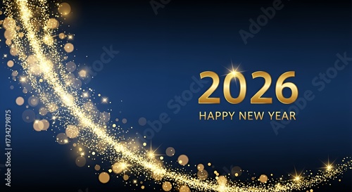 Elegant Golden Sparkling New Year Celebration 2026 with Bright Glitter on Dark Blue Background