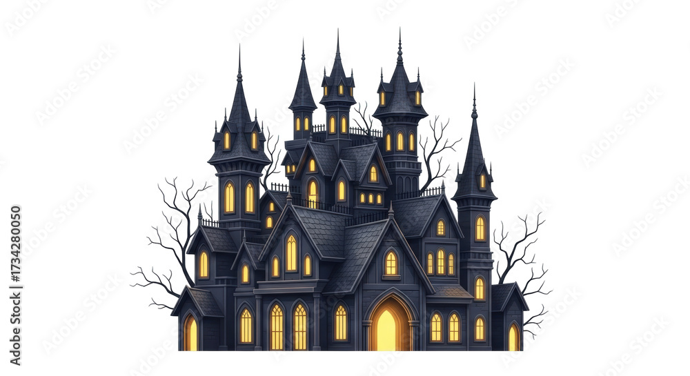 Fototapeta premium Isolated spooky mansion, eerie dark castle with lighted windows in front of bare trees