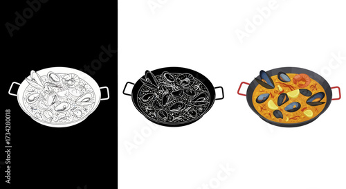 Spanish Paella Vector Illustration Set with Seafood and Rice in Multiple Graphic Styles