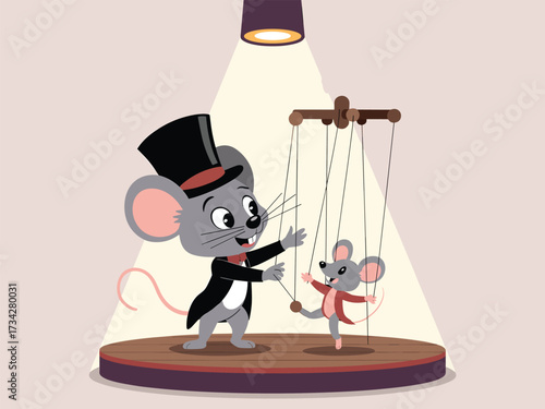 Cute cartoon mice performing a puppet show on a stage under a spotlight