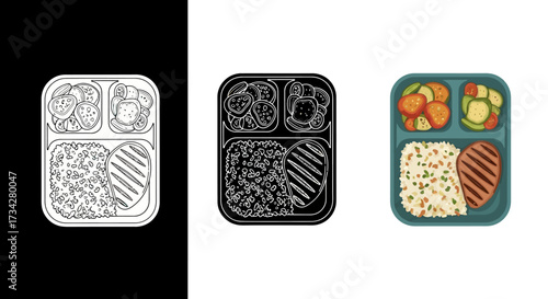 Healthy Meal Prep Food Container Vector Icon Set in Flat and Outline Styles