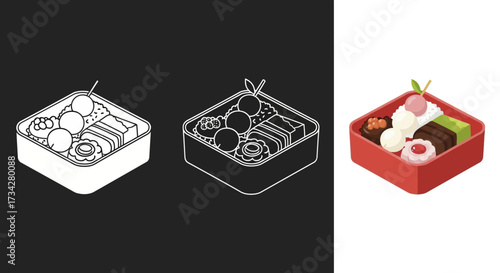 Illustration Set of an Isometric Japanese Dessert Bento Box Vector with Line Art
