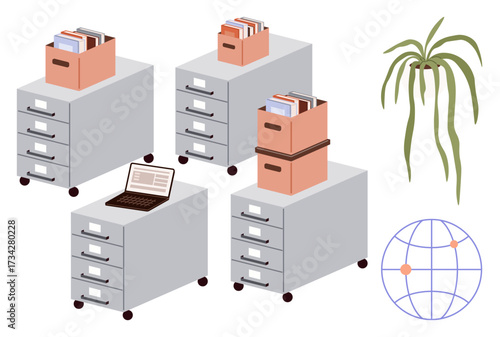 Filing cabinets with documents, laptop, boxes, potted plant, and globe icon. Ideal for organization, workplace, documentation, digitalization efficiency global communication simple flat metaphor