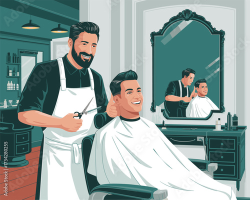 A smiling barber gives a man a haircut in a modern barbershop setting
