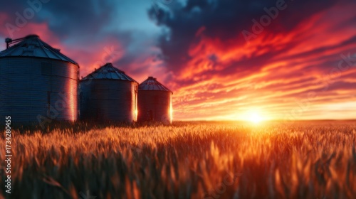 An enchanting sunset casts vibrant colors over silos set against a golden field, capturing the essence of rural beauty and the tranquility of nature's evening light.