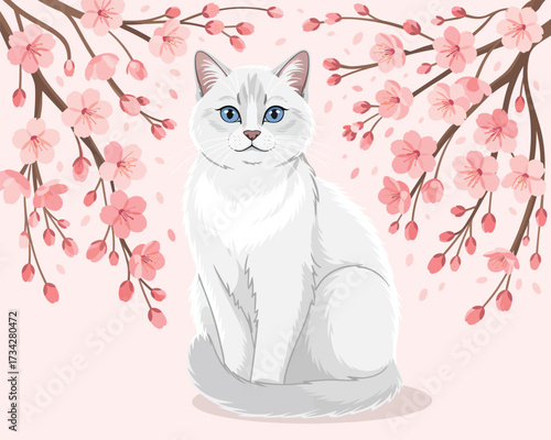 Charming white cat with blue eyes sitting among blooming cherry blossoms in illustration