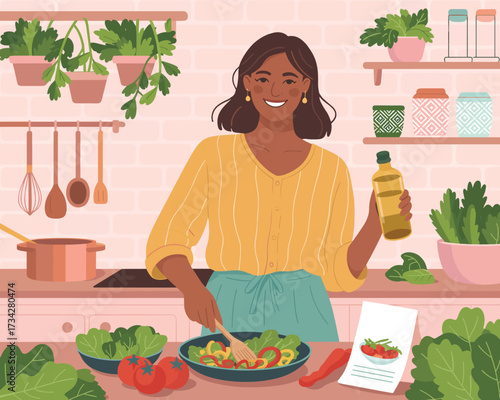 Healthy eating at home Woman preparing a fresh salad in a sunny kitchen