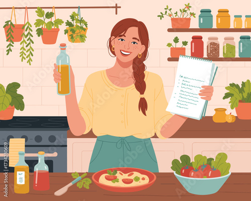 Woman in Kitchen Holding Cooking Ingredients and Recipe Book