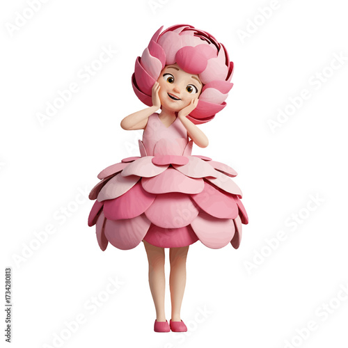 A whimsical 3D animated girl character wearing a beautiful pink dress and headpiece made from flower petals.