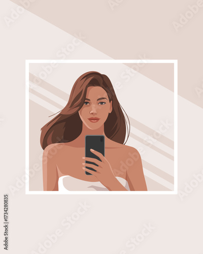 Flat vector illustration of a woman taking a selfie in a mirror with her phone