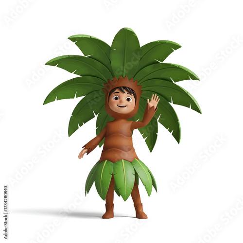 Cute cartoon character dressed as a plant or tree, with large green leaves and a brown body, waving cheerfully on a white background.
