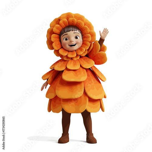Girl in a flower costume waving on a white background.