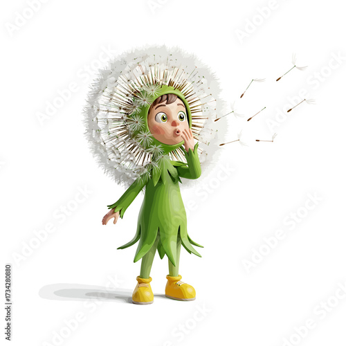 A whimsical 3D illustration of a child dressed in a dandelion costume, blowing seeds into the air against a white background.