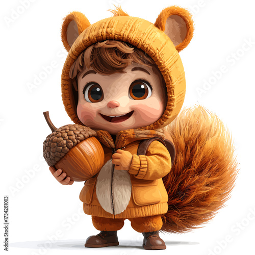 An adorable cartoon child dressed in a warm, knitted squirrel costume with a fluffy tail, smiling and holding a large acorn.
