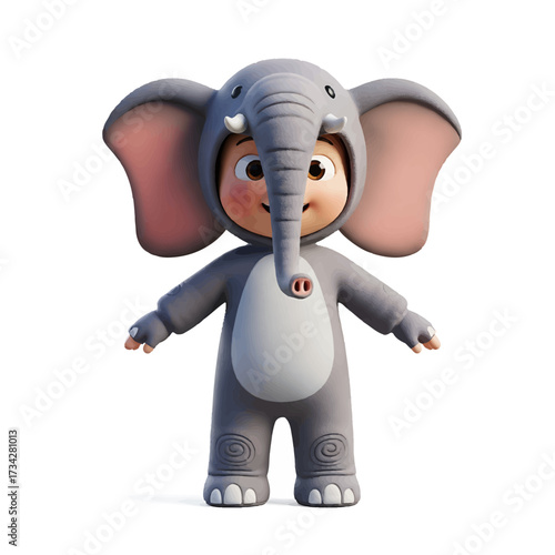 A cute cartoon child dressed in a gray elephant costume with big floppy ears and a trunk, standing against a white background.