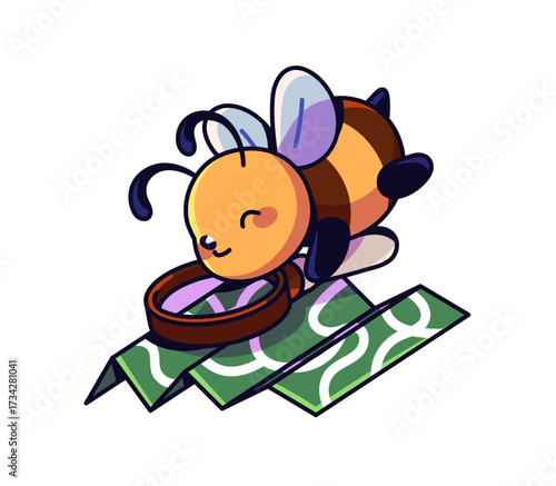 Cute honey bee looks through magnifier at paper map. Funny honeybee searches for route, way with magnifying glass. Happy bumblebee navigates. Flat isolated vector illustration on white background.