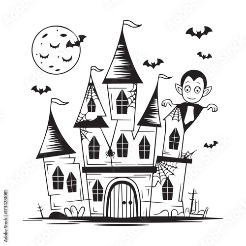 Haunted Vampire Castle with Moonlit Sky, Bats, and Gothic Graf Guardian Silhouette Design. 