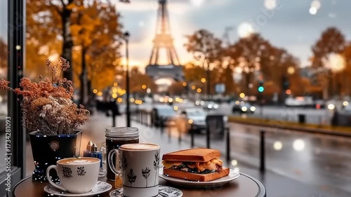Paris cafe with breakfast, Eiffel Tower view, and autumn.