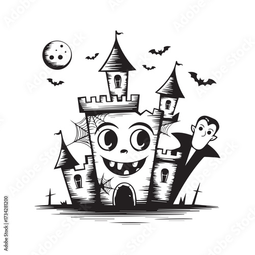 Haunted Vampire Castle with Moonlit Sky, Bats, and Gothic Graf Guardian Silhouette Design. 