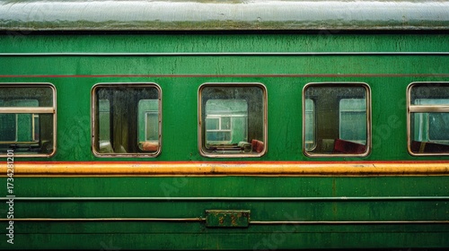 Green Passenger Train Side with Reflections in Windows; Travel concept