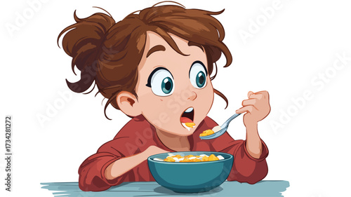 Cute Cartoon Girl Eating Cereal with Spoon in Happy Breakfast Scene EPS