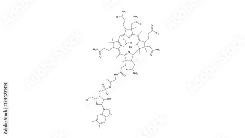 methylcobalamin molecule, structural chemical formula, ball-and-stick model, isolated image bioactive vitamin b12